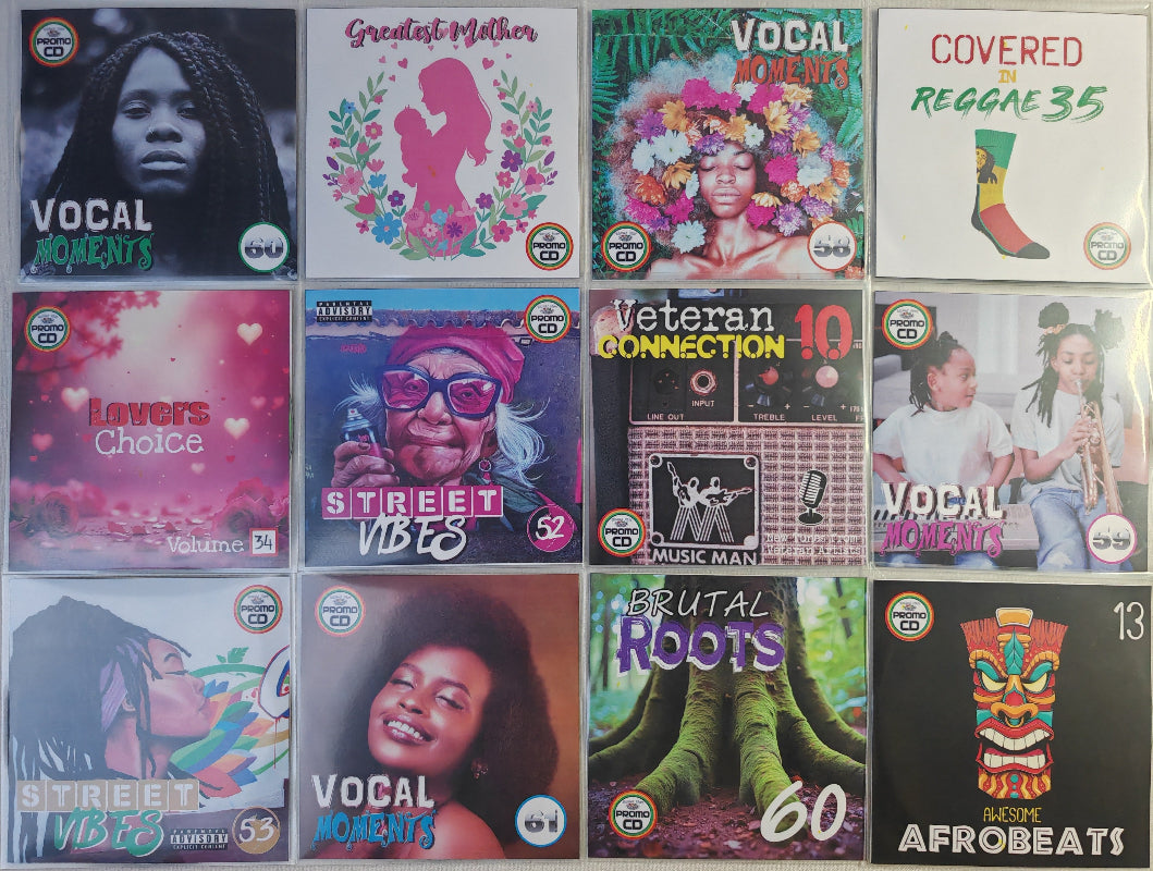 Collection of album covers from various music genres displayed on a wall.