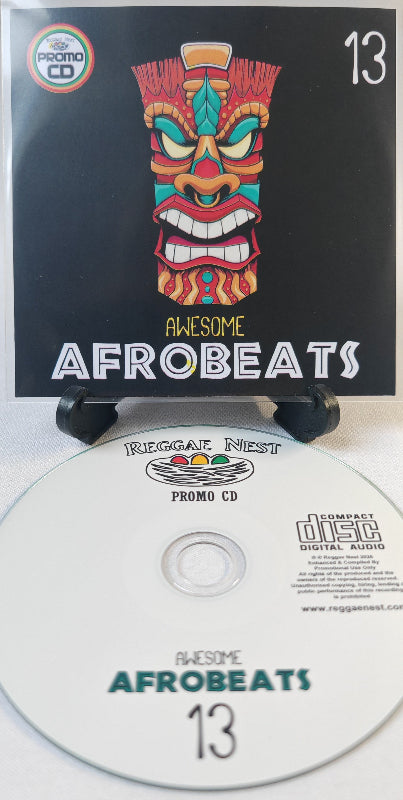 Promo CD with colorful tiki mask design and 'Awesome Afrobeats 13' text on a white background
