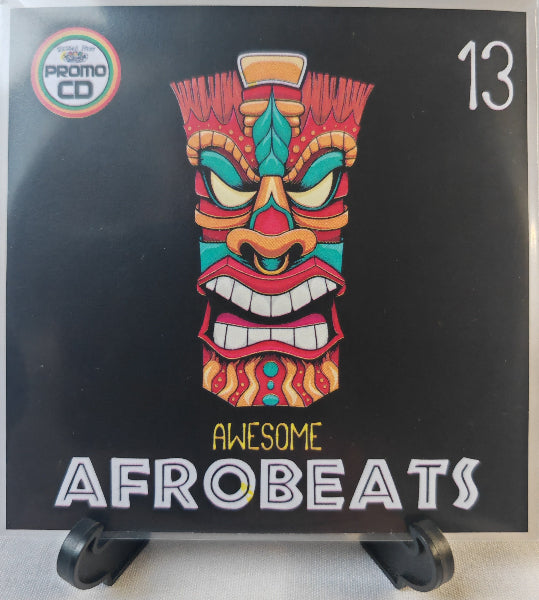 CD cover with a colorful tiki mask design and 'Awesome Afrobeats' text on a black background.