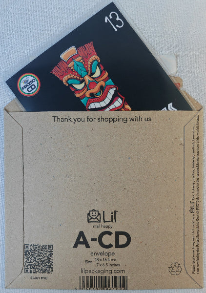 Cardboard envelope with a colorful mask design on a blue background