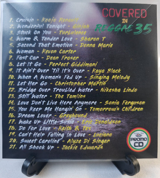 List of songs covered in Reggae 35 on a black background with colorful text.