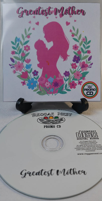 CD with 'Greatest Mother' design featuring a silhouette of a woman holding a baby surrounded by flowers, on a stand.