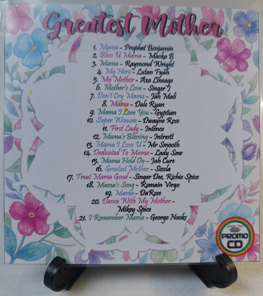 List of songs titled 'Greatest Mother' with floral design on a stand.