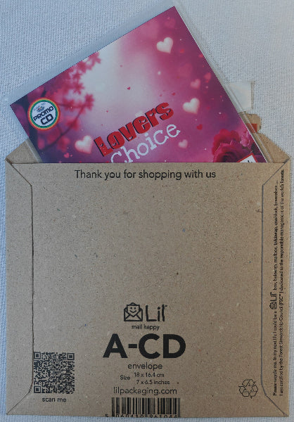 Cardboard envelope with a pink 'Lover's Choice' card on top