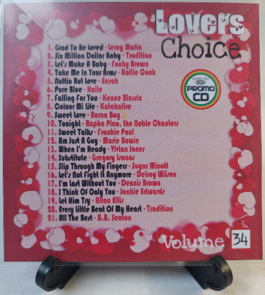 Promo CD cover titled 'Lovers' Choice Volume 34' with a list of songs on a red background.