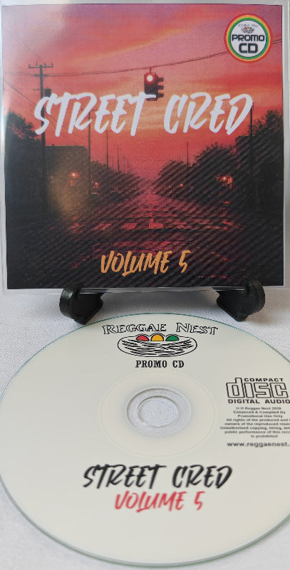 Promo CD with 'Street Cred Volume 5' on a stand against a white background