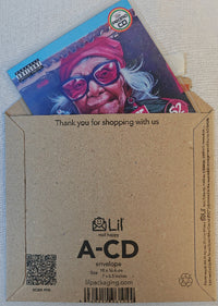 Thumbnail for Cardboard envelope with a colorful card featuring a person wearing glasses and a pink headband, with 'Lil' branding visible.