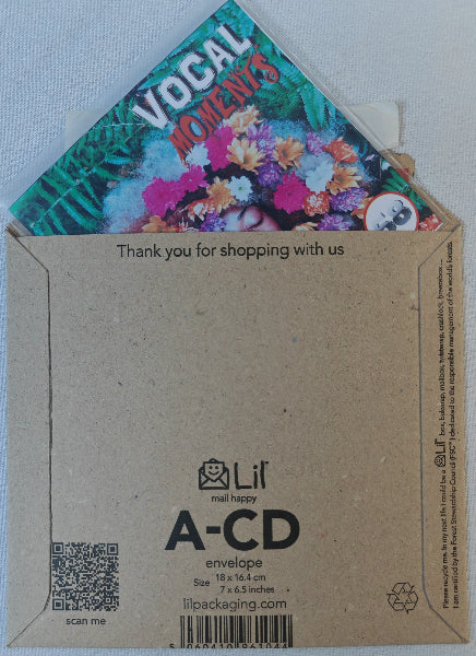 Brown envelope with colorful card and Lii packaging logo on a light blue background