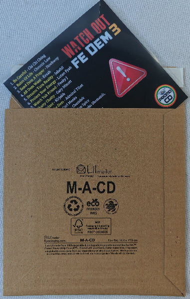 Brown envelope with 'Lil' mailer' branding and text, featuring a black card with red and yellow text and a red triangle symbol.
