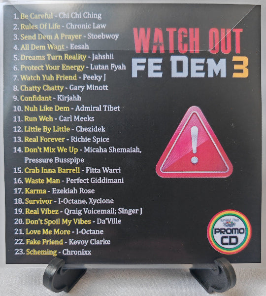 Promo CD with tracklist and warning triangle design on a black background